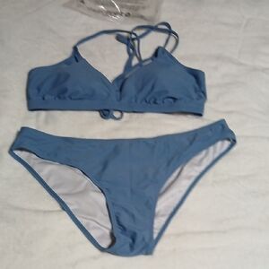 Grey Blue Triangle Bikini Set with Strappy Back